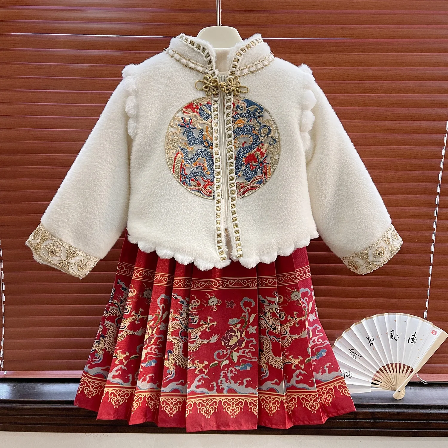 Children's Clothing Sets Embroidery and Fleece Coat + Horse Skirt 2pcs Sets Chinese Traditional Style Baby Girl Outfit Set