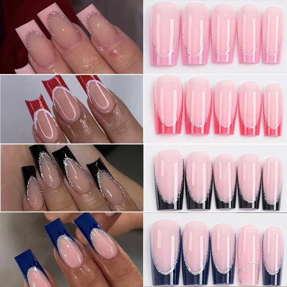 4color Medium Coffin French Fake Nails Black Red With Silver Glitter Full Cover False Nails Mixed Acrylic 96pcs Press On Nails