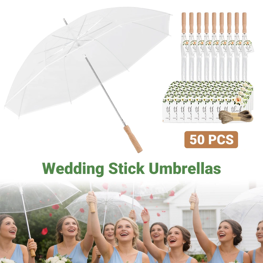 

50 Pack Transparent Rain Umbrella with Wooden Handle Clear Umbrellas for Wedding for Bride Groom Gifts Bridal Shower Party Decor