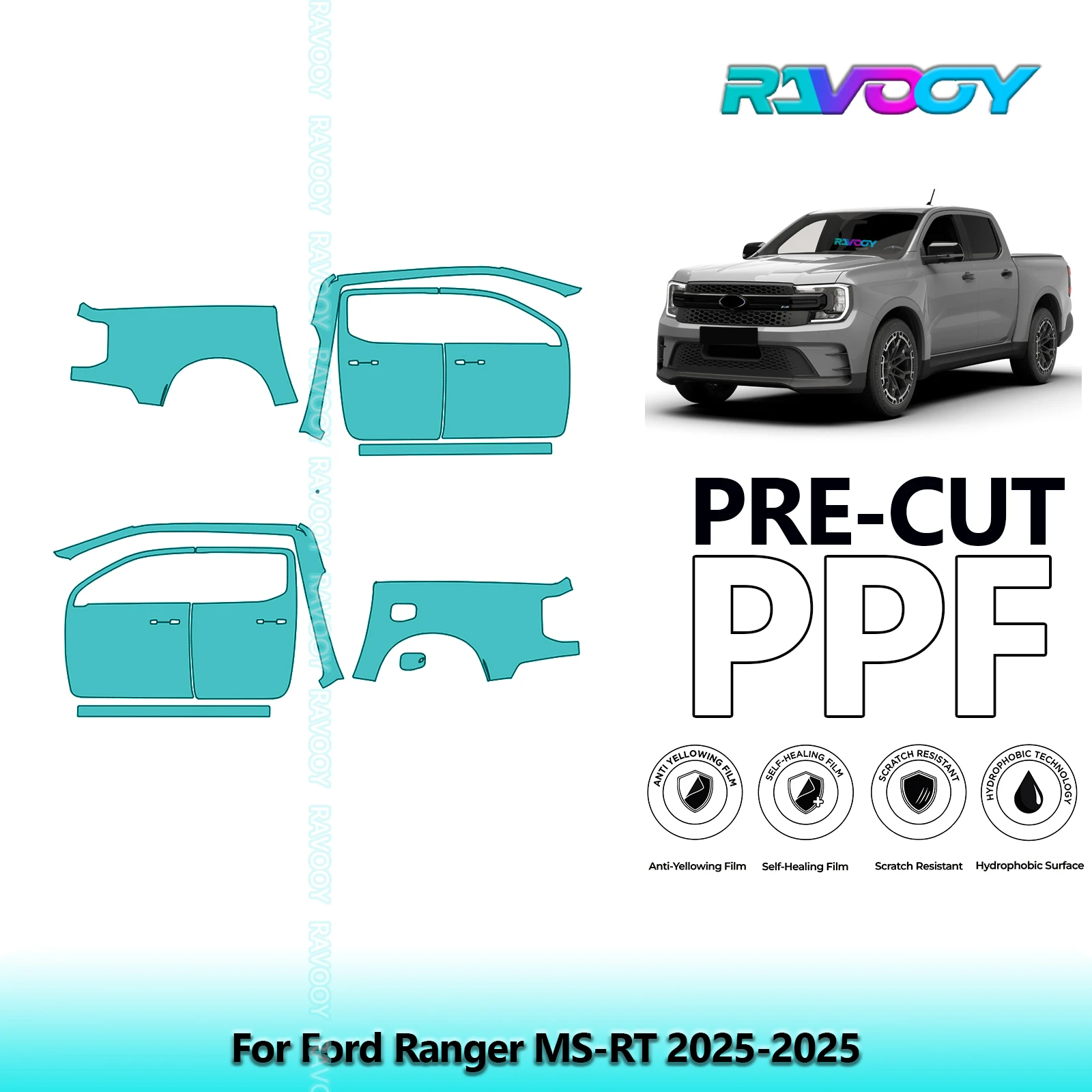 

For Ford Ranger MS-RT 2025-2025 8.5mil Clear Matte Pre-Cut PPF Door & A/B Pillar Kit TPU Paint Protection Film Set
