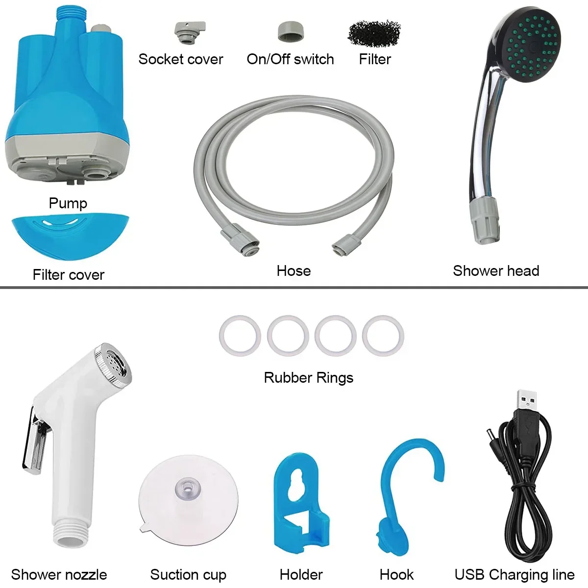 Imagem -04 - Bomba de Água de Chuveiro Portátil Usb Cabeça de Chuveiro Recarregável Bocal Portátil Chuveiro de Acampamento Lavadora Torneira Acampamento Viagem Kit ao ar Livre