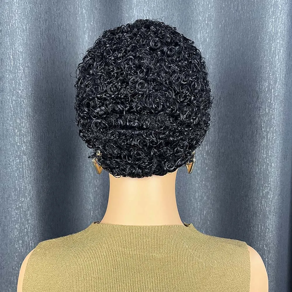 Натуральный черный вьющийся парик с стрижкой пикси для чернокожих женщин, машинный парик из человеческих волос для ежедневного использования