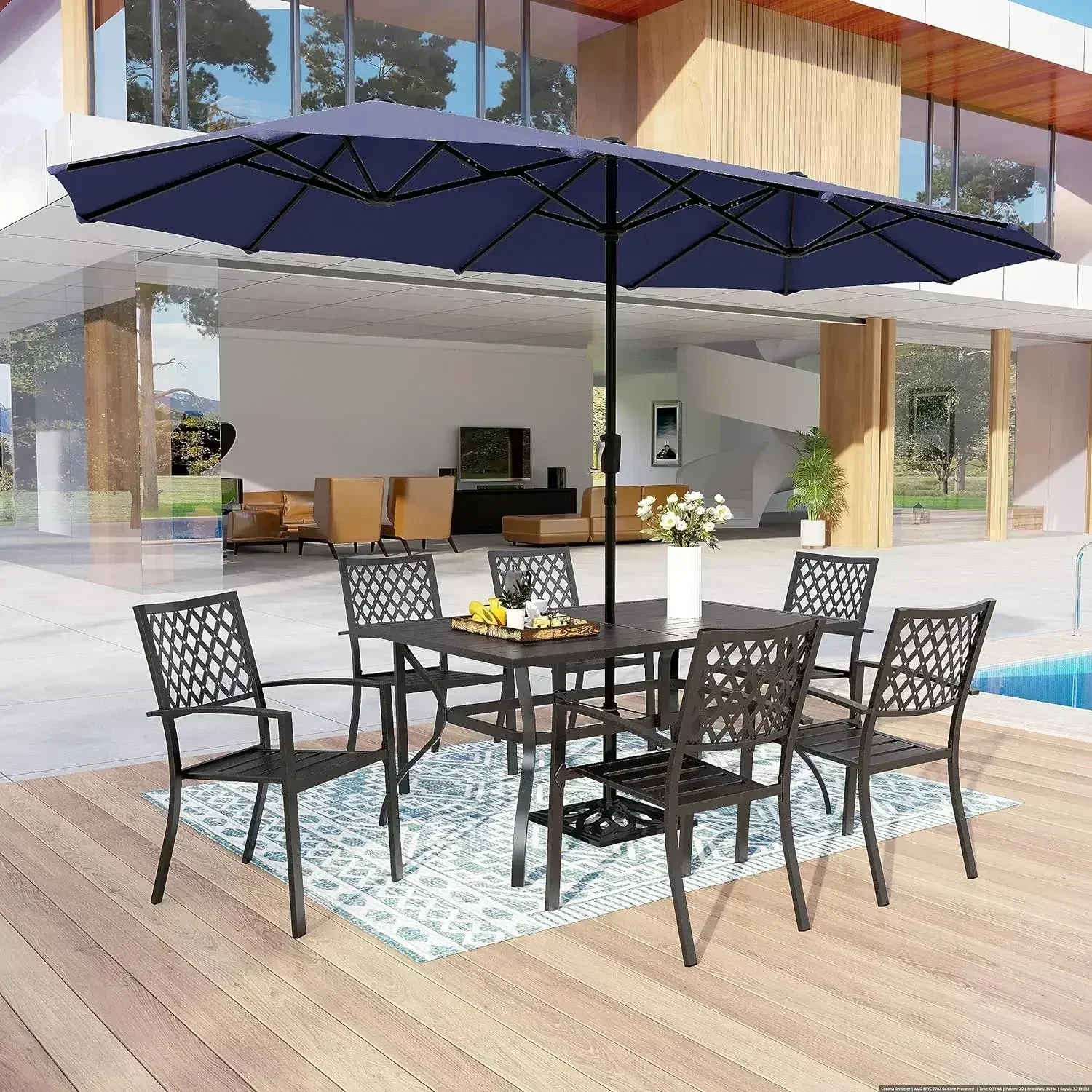 8 Piece Patio Dining Set with 13ft Double-Sided Patio Umbrella Metal Outdoor Picnic Table Dining Set with 6 Outdoor