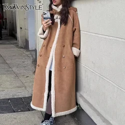 TWOTWINSTYLE Solid Spliced Button Elegant Jackets For Women Turtleneck Long Sleeve Patchwork Belt Minimalist Long Coat Female