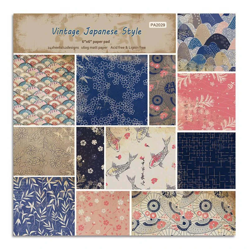 Vintage Japanese Style Scrapbook Paper Pad 6x6inch Assorted Pattern decoupage Cardstock Paper Single-Sided Decorative Card