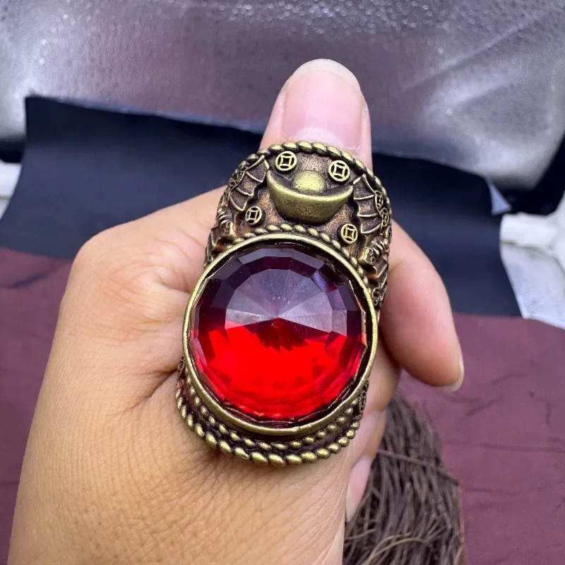 Vintage Bronze Ring, Oval Faceted Red Gem Inlaid Bat & Ingot Carving Adjustable Statement Ring
