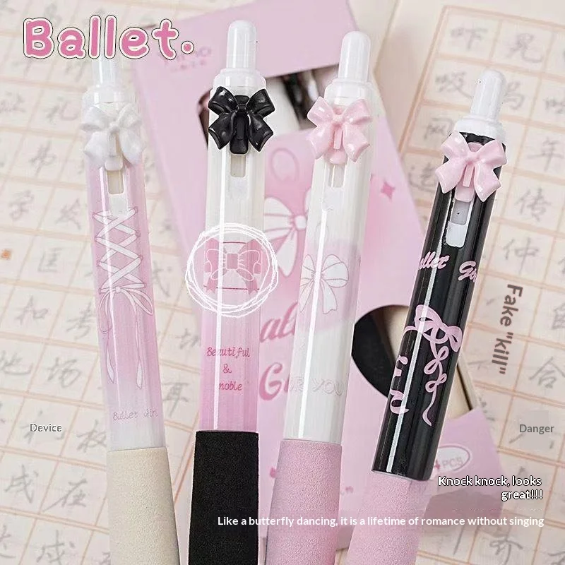 Press Pen 4Pcs Black White Bow Soft Grip 0.5mm Quick Drying Brush Cartoon Neutral Pen Stationery Office Supplies