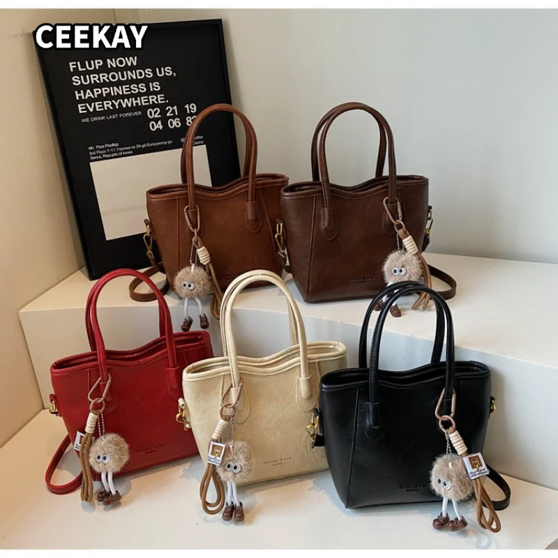 CEEKAY Women's Tote Bag Dark Brown Soft PU Leather Small Top Handle Bag Plush Eye Pendant Daily Commute Casual Sweet