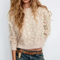 European and American style flower decoration round neck pullover sweater women's spring and autumn new design sweater