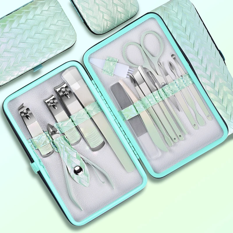 Spring Green 7/10/13/16 pcs New Stainless Steel Nail Clippers Set Grooming Tool Set With Portable Case Manicure Art Tool Green