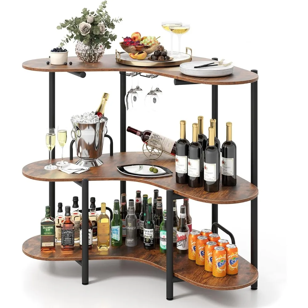 

3-Tier Table, Corner Cabinet, Liquor Home Unit with Stemware Racks & Storage Shelves, Industrial Mini Bar
