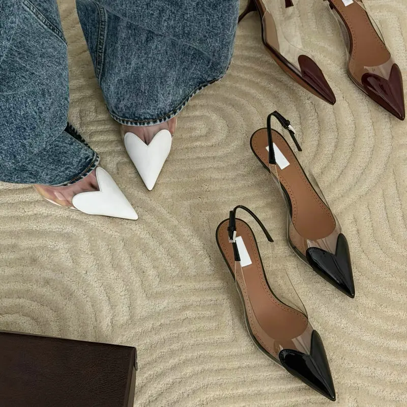 Women's Heart Clear Heeled Sandals Pointed Toe Transparent Slingback Heels Buckle Strap Patent Leather Party Prom Dress Shoes
