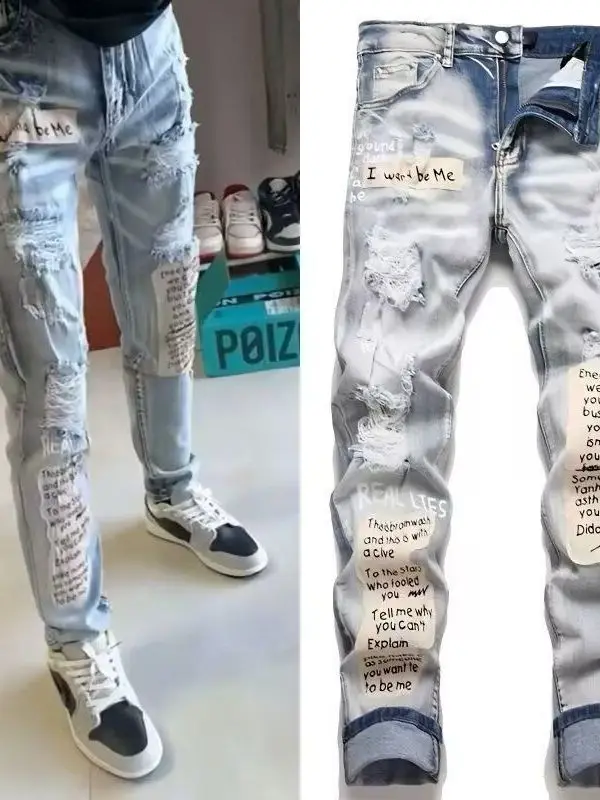 

Мужские джинсы Waed American High Street: Новинка Весны, Прямые, с Ремонтными Нашивками, Повседневные, Износостойкие, Хлопковые, Длинные Брюки