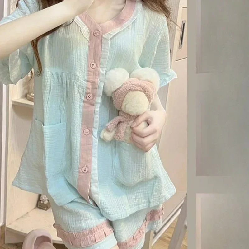 Ins Stil Pyjama Mädchen Sommer Weiche Neue Süße Einfache Tag Nette Rüschen Kurzarm Hause Kleid Set Cherryspoon Einfachheit Nachtwäsche