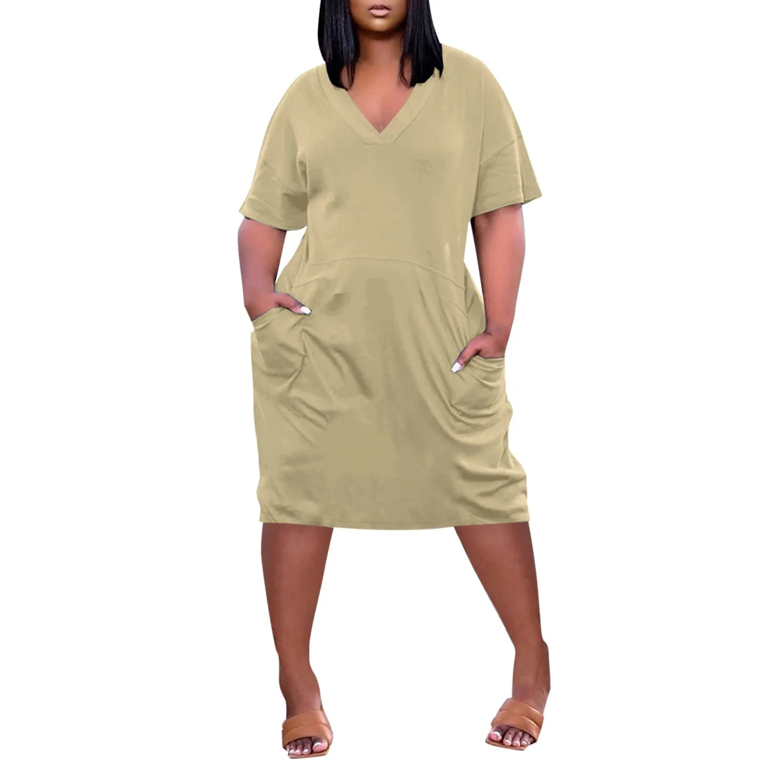 Women Summer Plus Size Midi Dress V Neck Short Sleeve Knee dress with Pockets Soild Color Casual Dresses Loose vestidos curtos