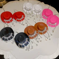 Cowboy Hat Tassel Earrings for Women Water DropInlaid Rhinestone Ear Hook Fashion Personalized Y2k Jewelry Cool Style Wholesale