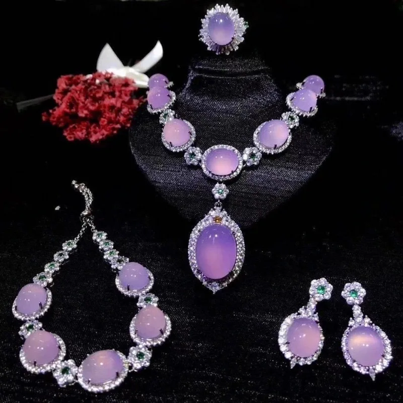 Natural Agate Chalcedony Inlaid Egg Surface Ice Jewelry Full Set