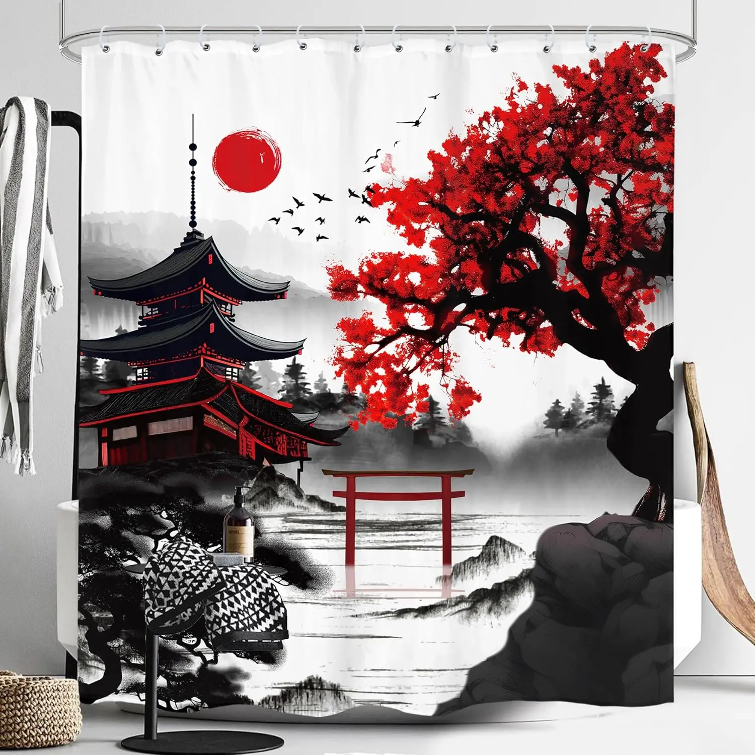 

Japanese Cherry Blossom Shower Curtain Watercolor Black Red Floral Asian Chinese Mountain Sun Anime Fabric Waterproof
