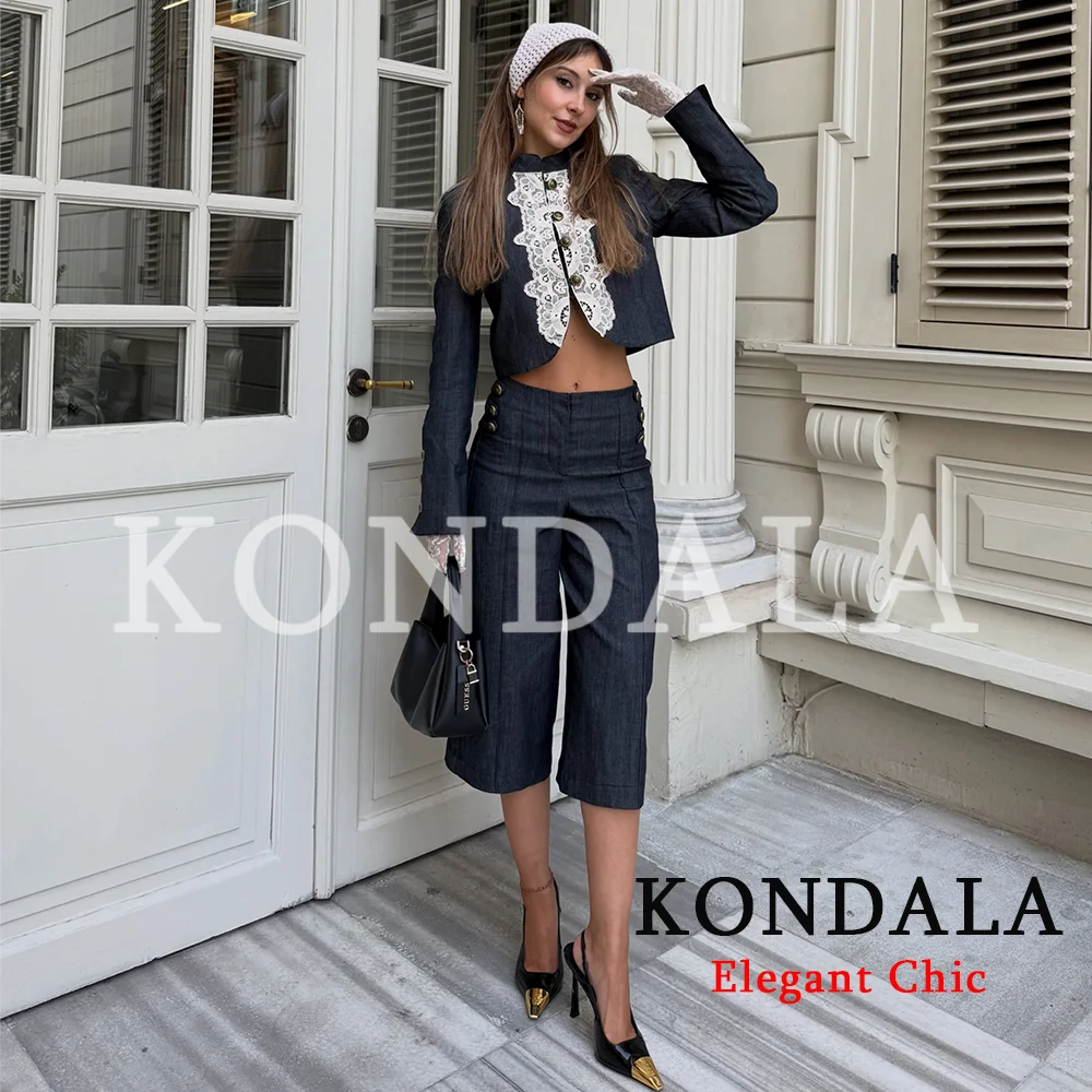 KONDALA Damen Schickes Vintage-Shorts-Set, Spitzenbesetzter Kurzblazer, Shorts mit Knopfbesatz, 2026 Frühherbst Trendiger Eleganter Pendleranzug – Detail 4