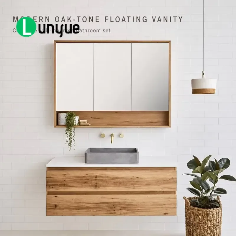 Solid Wood Oak Wall Mounted Bathroom Cabinet with Artificial Stone Countertop and Matching Washbasin Modern Vanity for Home
