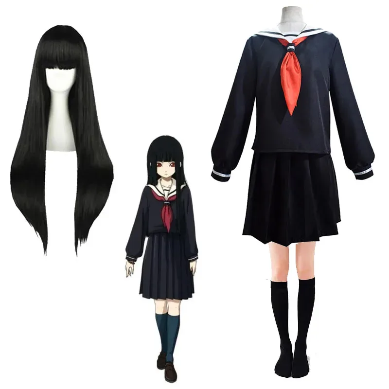 

Hell Girl Enma Ai Косплей Костюм и парики Jigoku Shojo JK Униформа моряка Костюм школьницы Униформа Черный парик Длинные прямые волосы