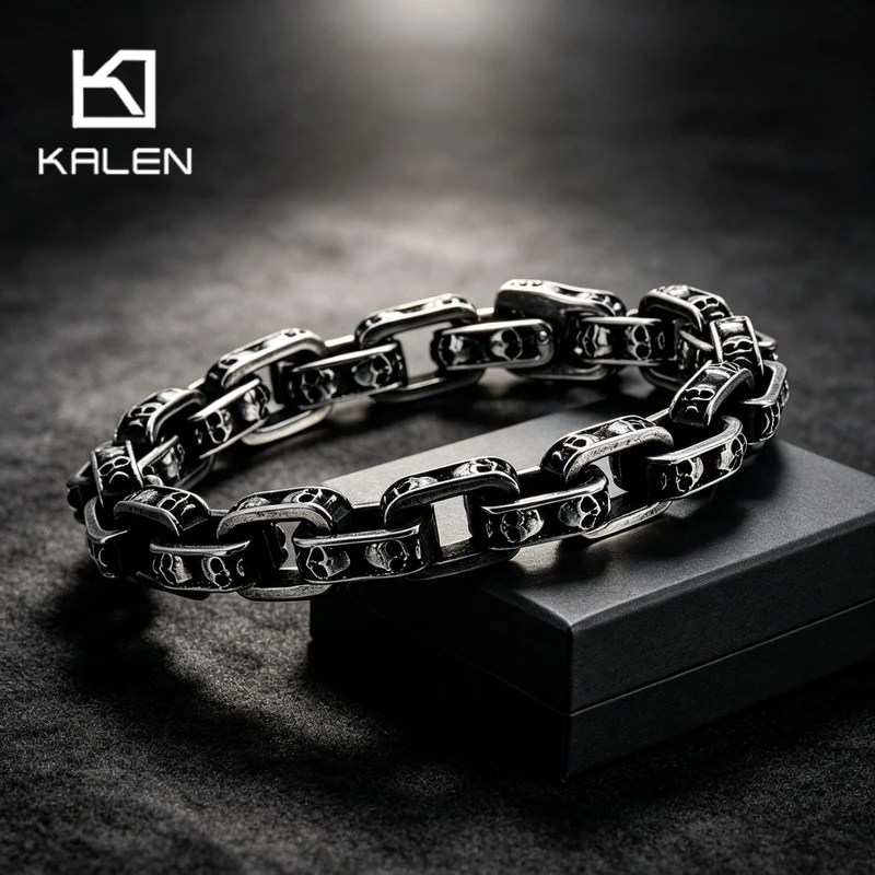 Kalen Gothic Skull Square Link Bracelet for  Men Punk Retro Symbol Stainless Steel Wristband Biker Party Jewelry Gift