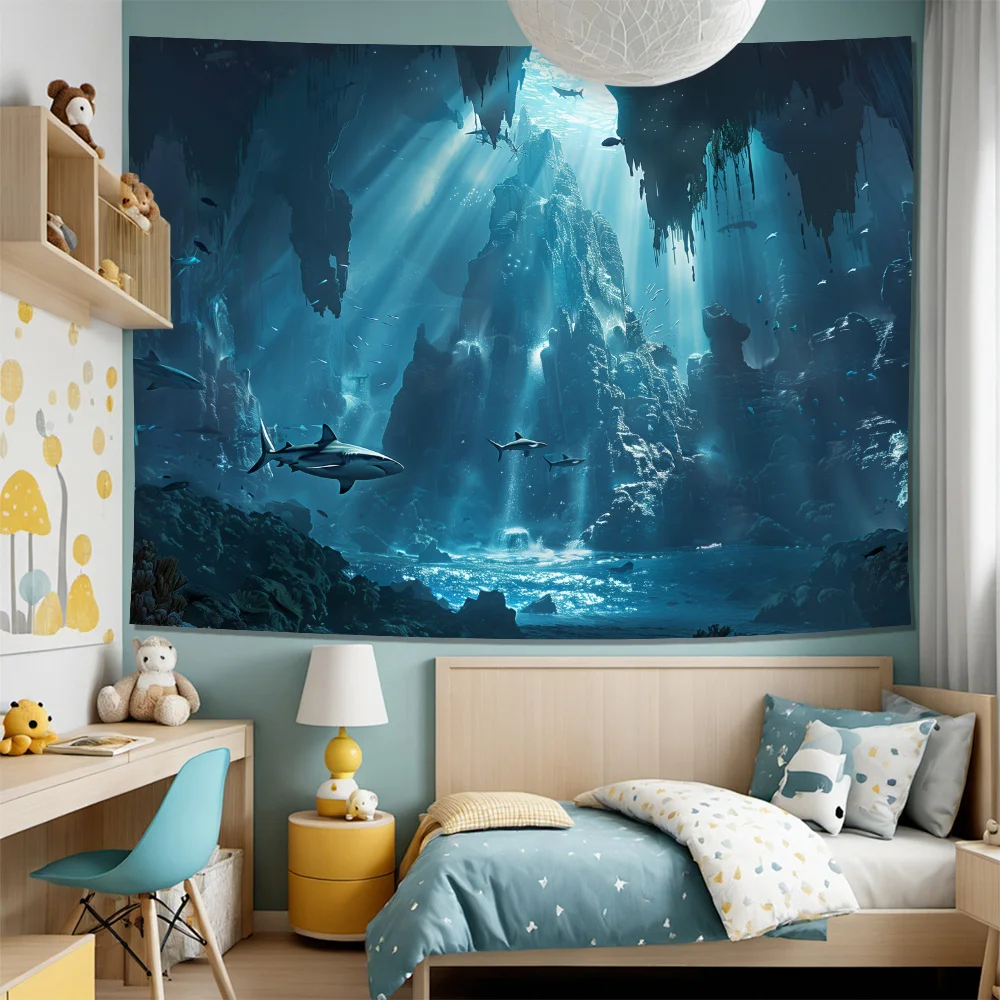 Underwater Fantasy Shark Canvas Wall Art, Polyester Fiber Ocean Scene Decoration Living Room Bedroom Office Decorative Tapestry