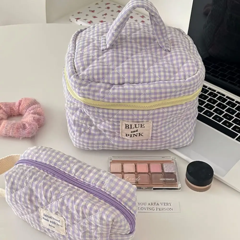 Raspberry Lattice Canvas Cosmetic Bags Cute Simple Portable Large Capacity Makeup Pouch Travel Organizer Storage Handbag