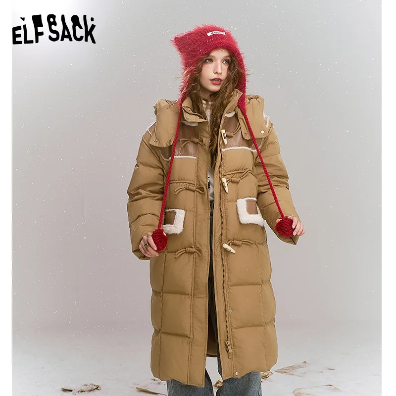 ELFSACK 2024 invierno nuevas llegadas chaqueta de plumón cálida con capucha de largo medio con estampado retro suelto para mujer