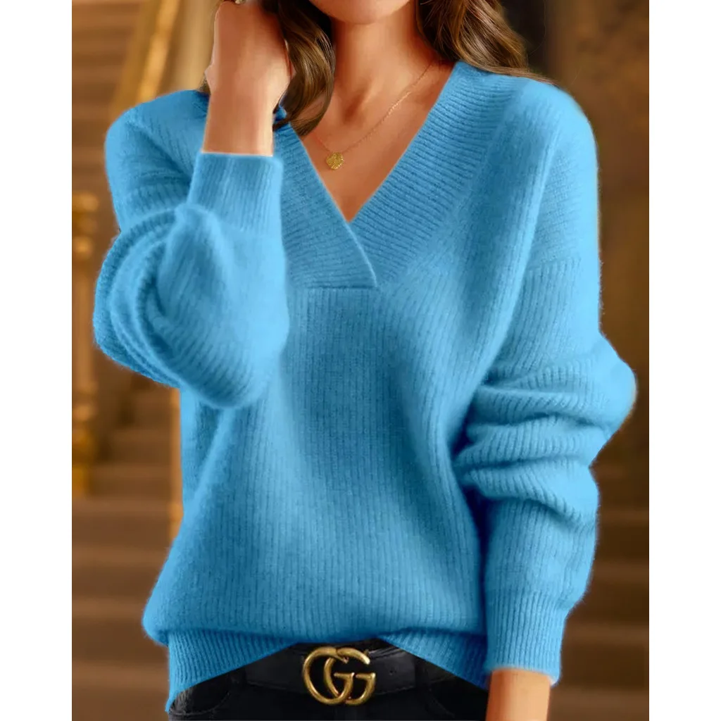 Autumn Winter Casual Fleece Thickened Warm Sweater Women's V Neck Solid Sweater Knitting Pullovers Rollneck Slim Fit Top