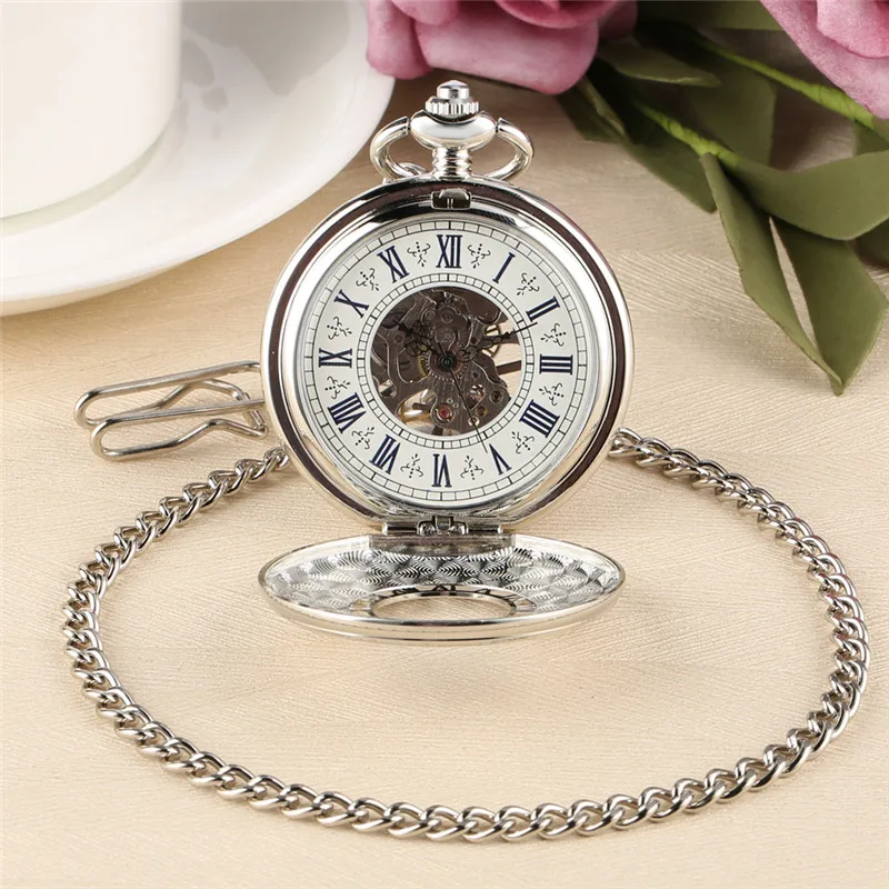 Silver Half Hunter Unisex Hand Winding Mechanical Pocket Watch Roman Numerals Display Pendant Chain Skeleton Clock Gifts