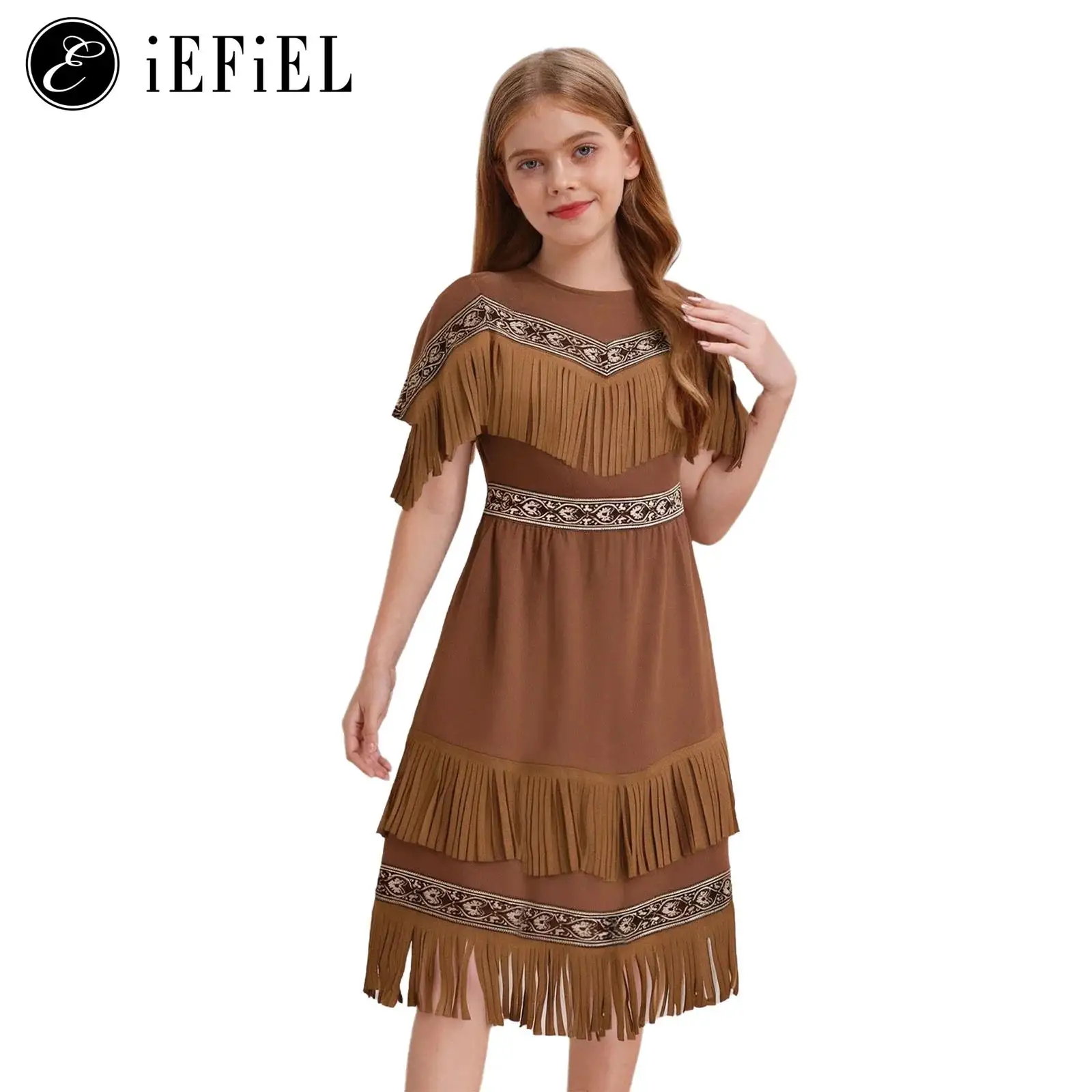 

Костюм индейской принцессы для девочек, искусственная замша, платье трапециевидной формы с короткими рукавами и бахромой, примитивный мужской костюм для косплея, нарядное платье