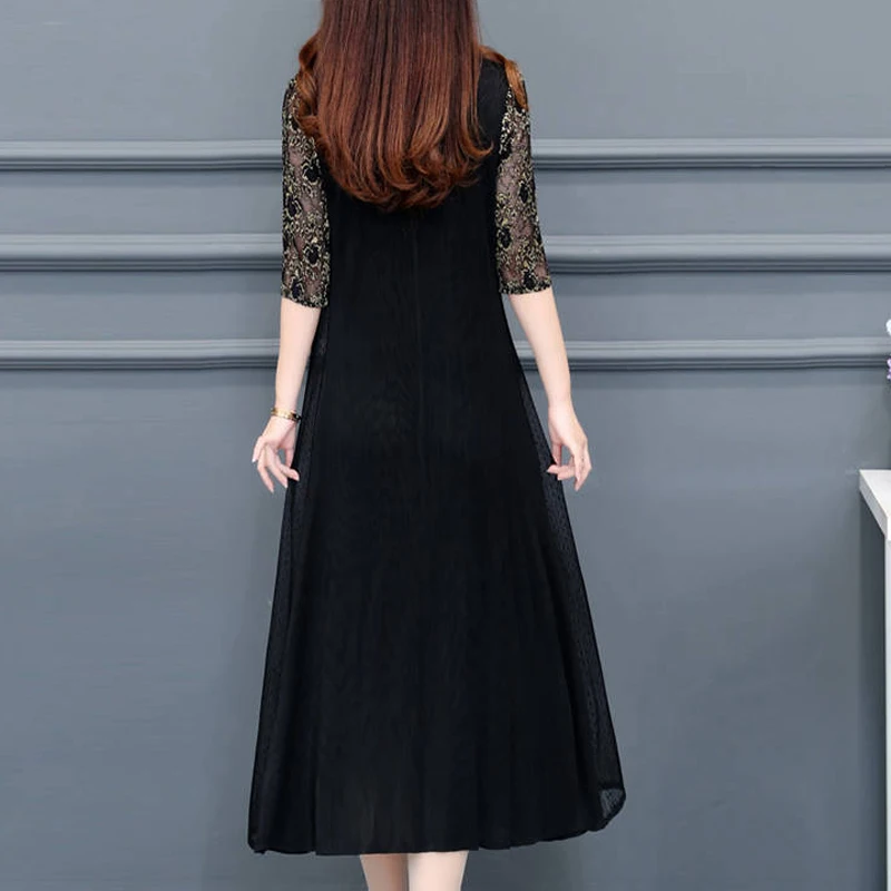 Sexy Sheer Mesh Lace Patchwork Elegant Chic Party Dresses for Women Summer Fashion Black Loose Short Sleeve Midi Dress Vestidos