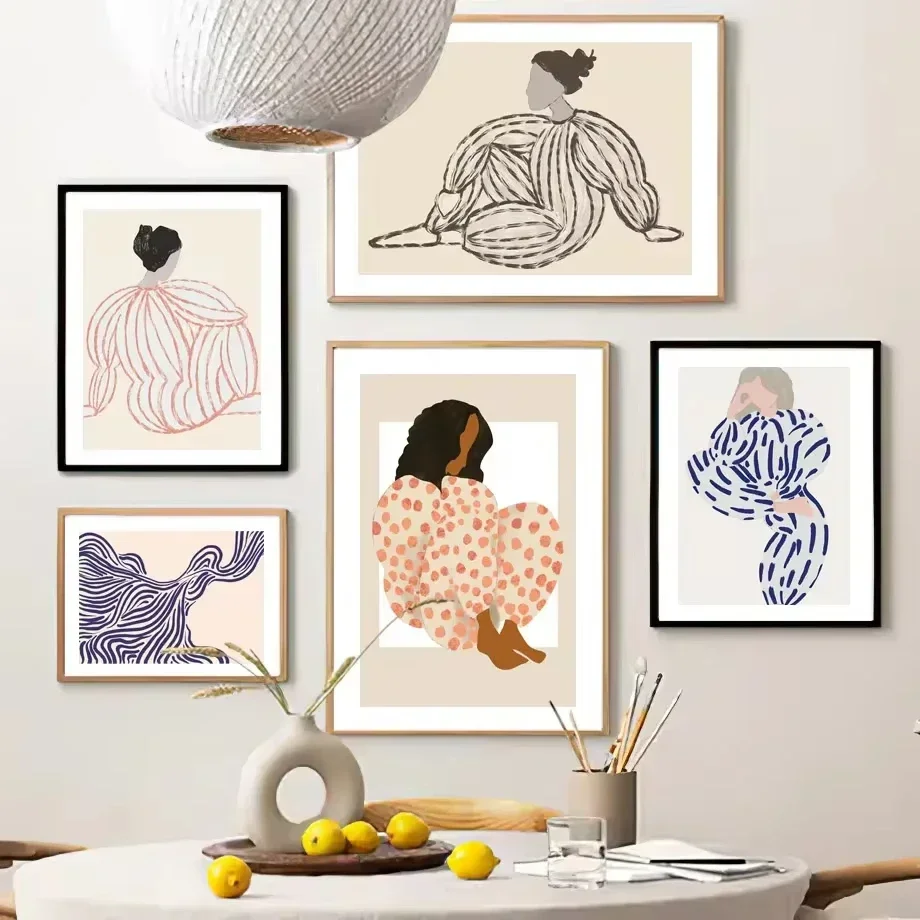 1pc frameless Canvas Painting Abstract Lines Girl Curve Geometry Leaves Wall Art Canvas Painting Nordic Posters And Prints Wall