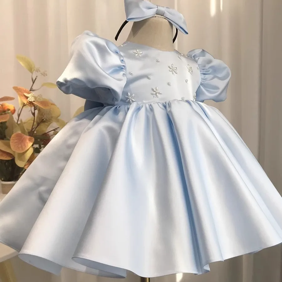 

Baby satin princess dress for girls party clothes 2025 summer new children's blue one-year-old