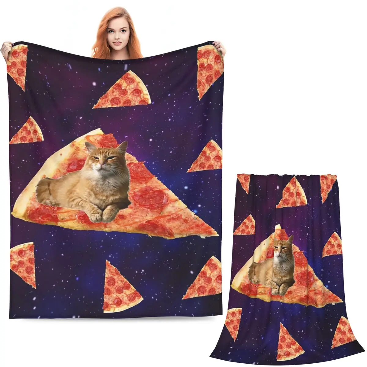 Space Pizza Cat Meme Blanket Soft Warm Flannel Throw Blanket Plush for Bed Living room Picnic Travel Home Sofa