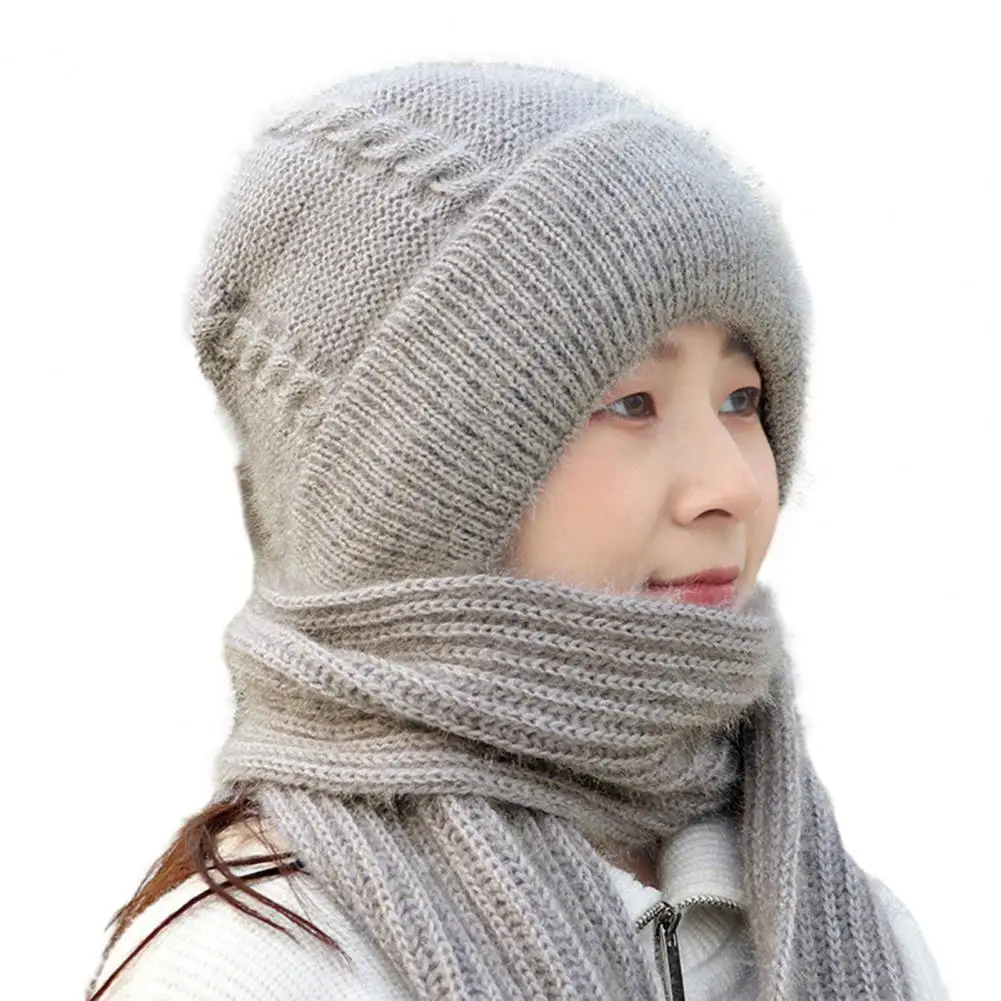 

Winter Women Hat Knitted Thick Double-layered Windproof Ear Protection Elastic Anti-slip Beanie Scarf Combo Cap Set