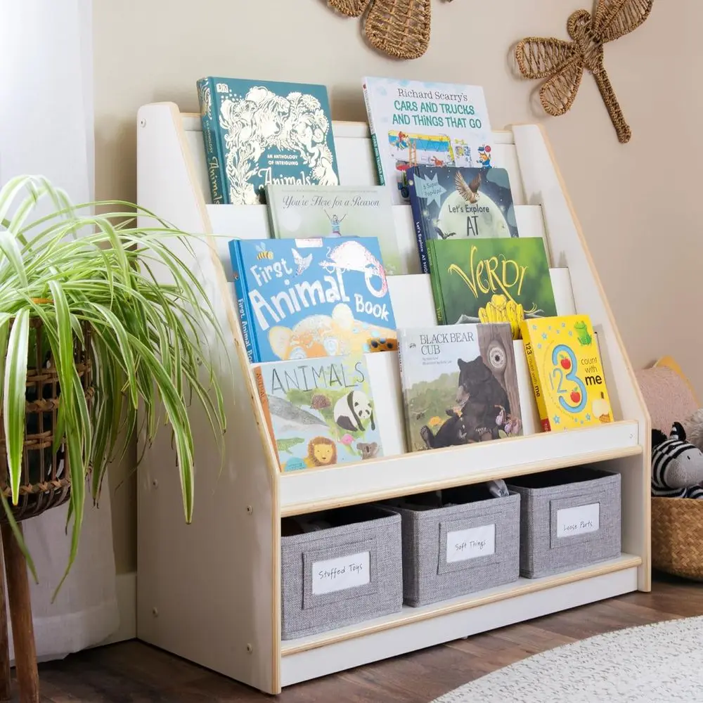 

Guidecrat EdQ Book and Bin Display White with 3 Storage Bins: Wooden Kids Bookcase and Toy Storage Organizer; Homeschool and Cla