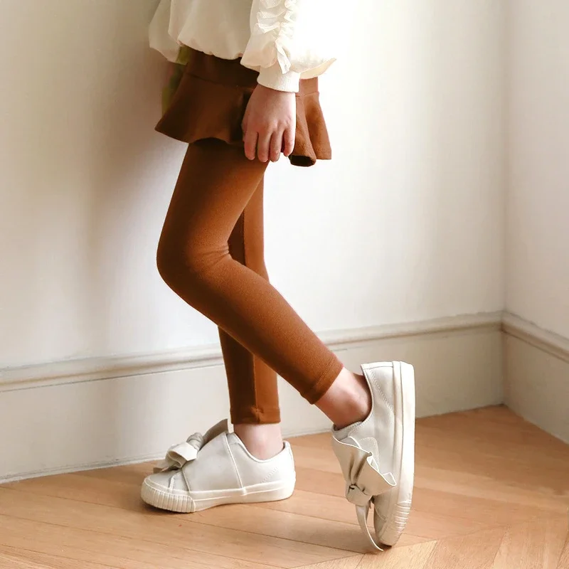 Girls Culottes Ruffled Hem False 2-piece Cotton Leggings Elastic Waist Casual Spring Autumn Teen Kids Student Skirt-pants 10 Y