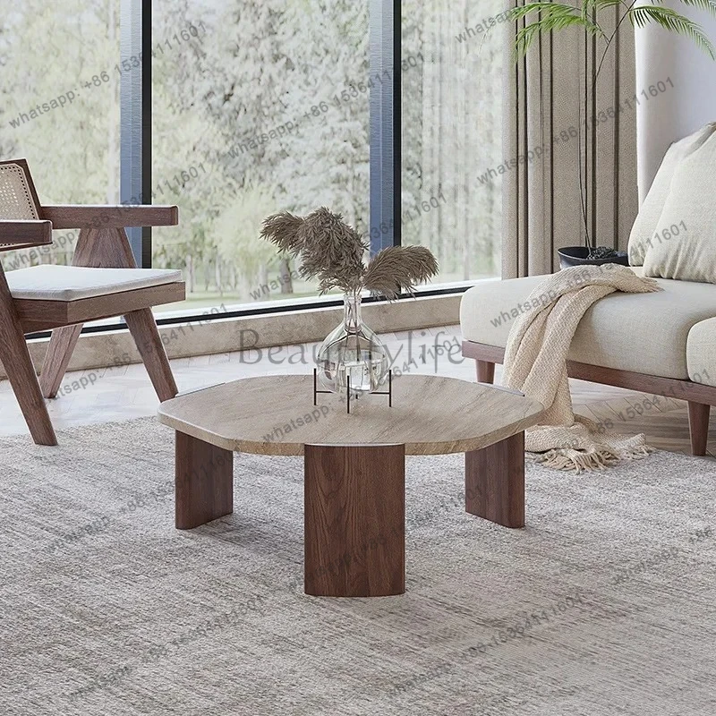 Customizable Natural travertine coffee table small apartment living room home modern simple homestay solid wood marble dwarf