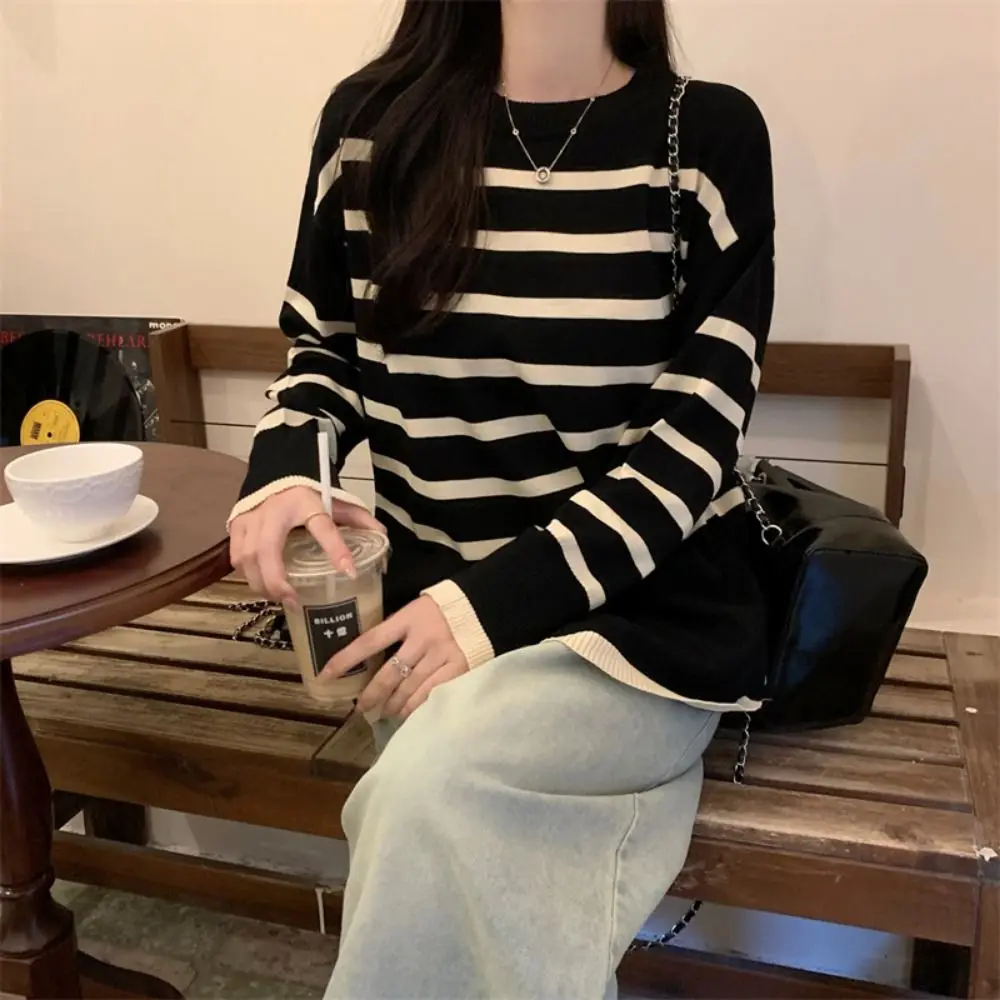 

Elegant V-neck Stripe Long Sleeve Top Slim Fit Thin Y2k Patchwork Knitwear Lapel Pullover Stripe T-Shirt Woman