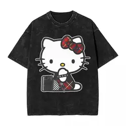 Hello Kitty Punk Gothic T Shirts Hip Hop Washed 100% Cotton Harajuku T-Shirt Vintage for Men Women Tops Streetwear Summer Tees