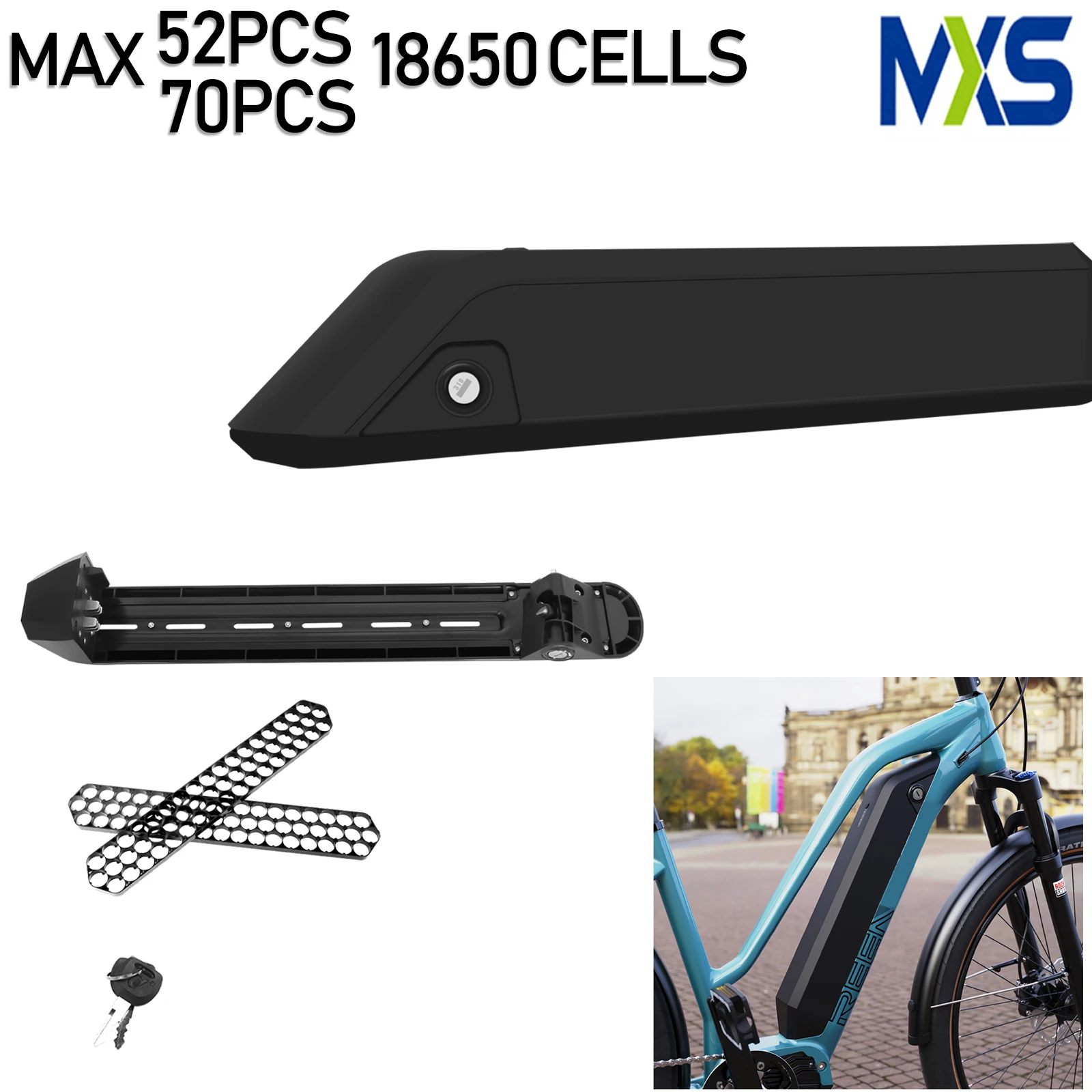

MAX 52pcs 70pcs 18650 cells Side Open Release Electric Bike Battery Case Ebike Battery Box 36v 48v 52v with Cells Holder