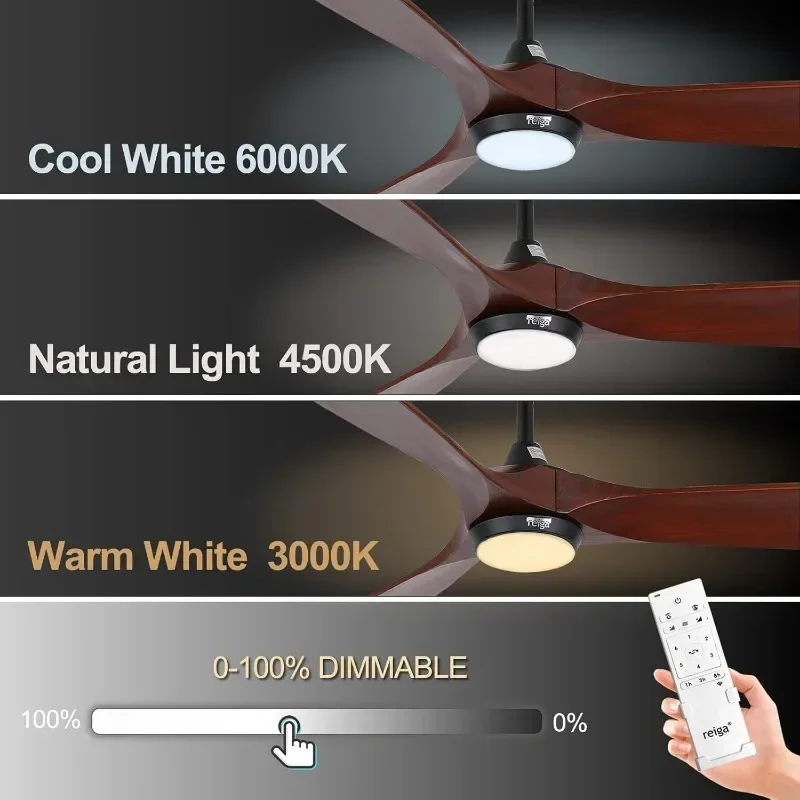 reiga 70 Inch Wood Ceiling Fan, Mute DC Motor High Airflow Large Ceiling Fans with Lights and Remote for Patio Living Room