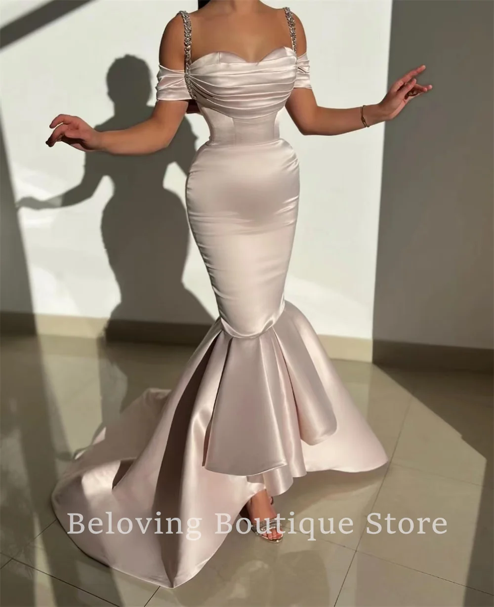 

Luxury Mermaid Puffy Evening Dresses 2024 Arabic Beaded Satin Prom Dress Off Shoulder Beaded Plus Size Celebrity Party Gowns