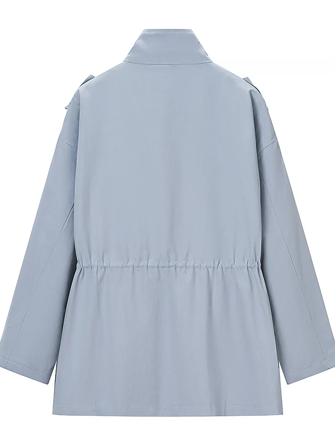 Blue Wind Loose Long Jacket Women's Workwear Style Polyester Fiber 2026 Autumn Season Multi-Pocket Coat Medium-Length