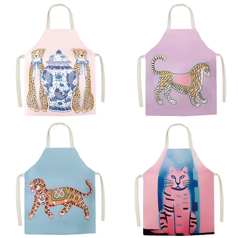 

Vintage Tiger Leopard Print Cotton Linen Apron Women Kitchen Cooking Baking Pinafore Sleeveless Animal Chef Bib Cleaning Gift