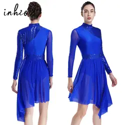 Women Sequins Contemporary Lyrical Dance Leotard Dresses Irregular Tulle Sheer Mesh Skating Ballet Gymnastics Bodysuit Dancewear