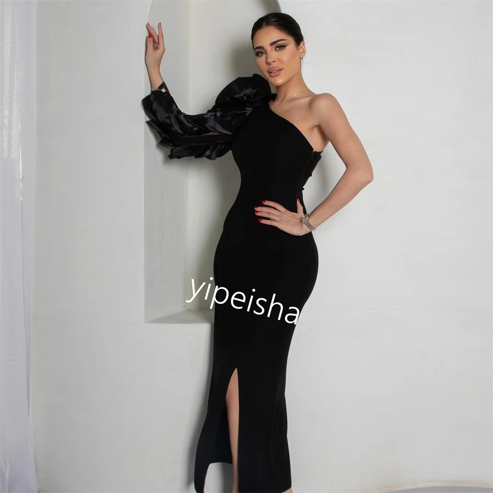 Jiayigong Sparkle  Prom Jersey Flower Birthday Sheath One-shoulder Bespoke Occasion Gown Midi Dresses