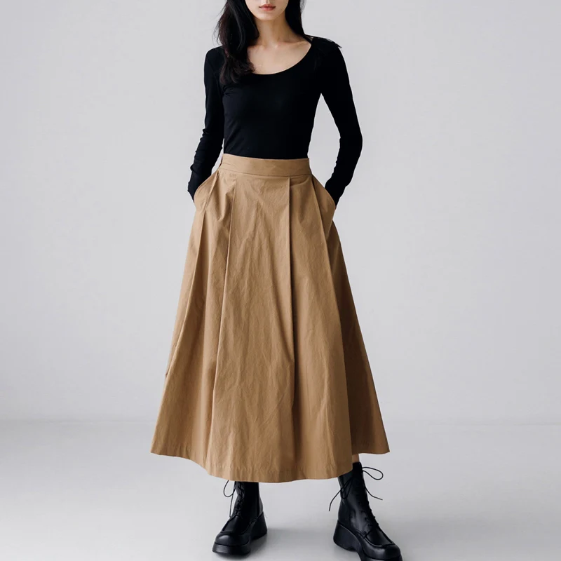 Johnature 2024 Spring New Korean A-Linen Skirts Casual Solid Color Elastic Waist All Match Loose Big Sweep Pockets Women Skirts